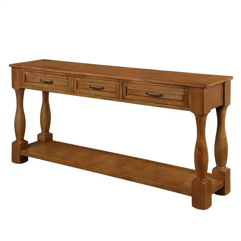 61-Inch Vintage Pine Console Table with 3 Drawers and Bottom Shelf