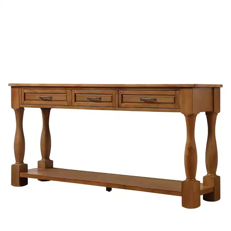 61-Inch Vintage Pine Console Table with 3 Drawers and Bottom Shelf