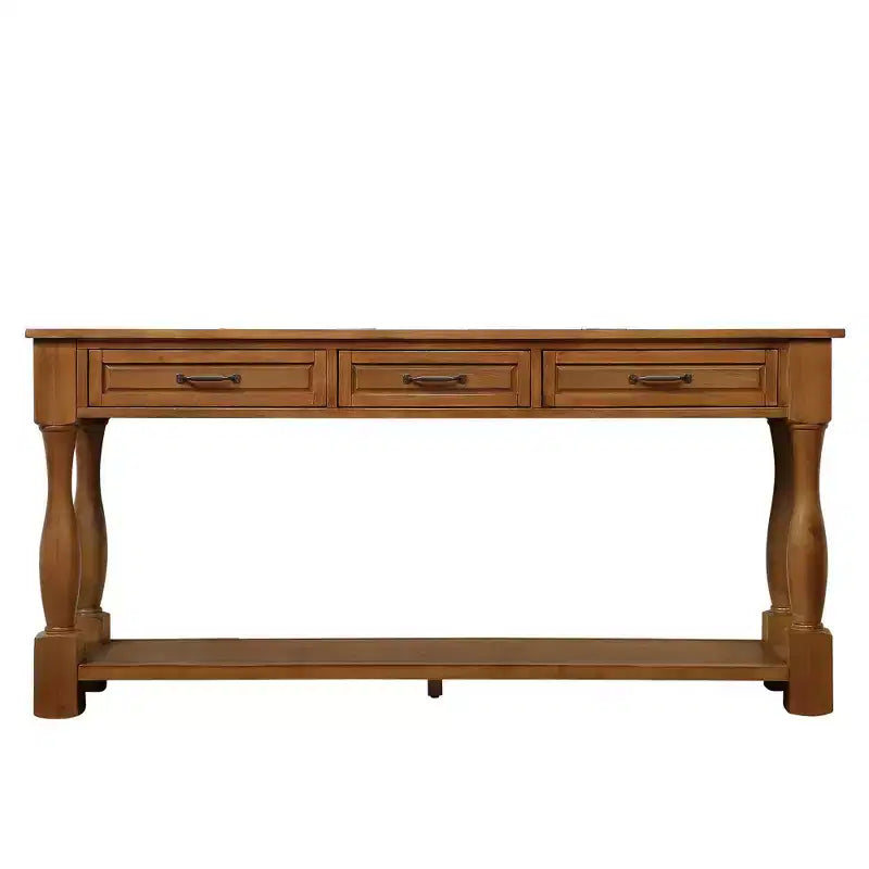61-Inch Vintage Pine Console Table with 3 Drawers and Bottom Shelf