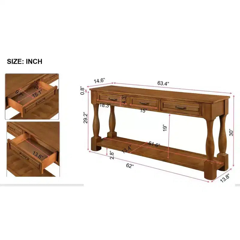 61-Inch Vintage Pine Console Table with 3 Drawers and Bottom Shelf