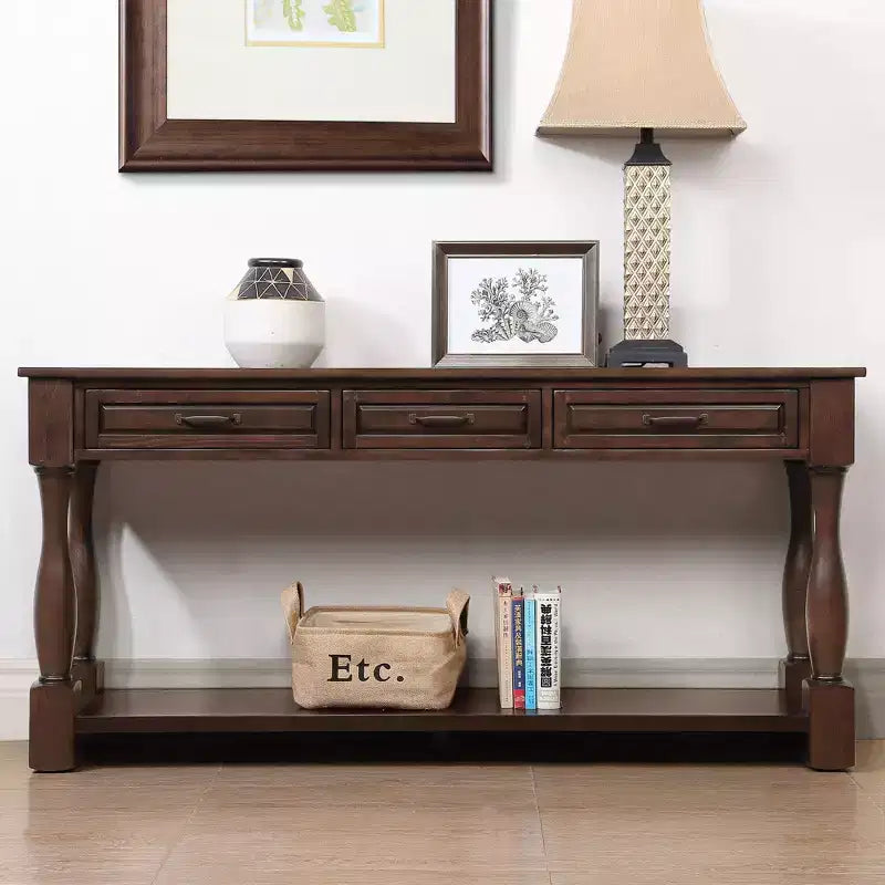 61-Inch Vintage Pine Console Table with 3 Drawers and Bottom Shelf