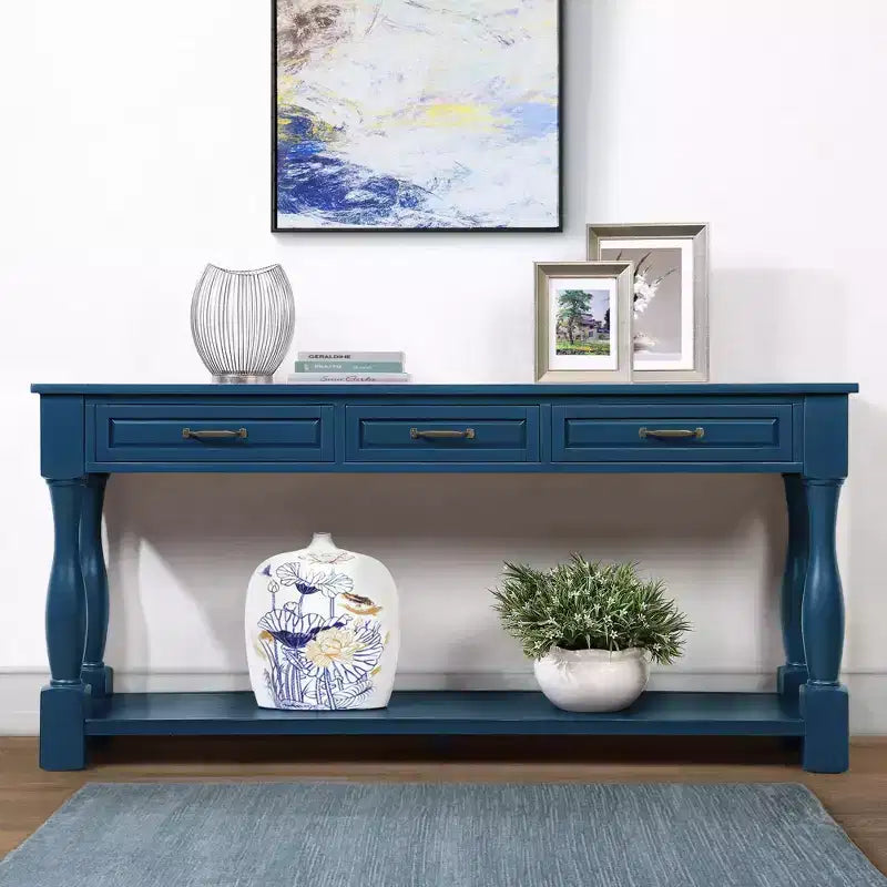 61-Inch Vintage Pine Console Table with 3 Drawers and Bottom Shelf