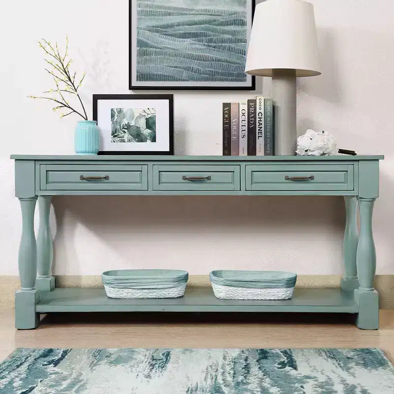 61-Inch Vintage Pine Console Table with 3 Drawers and Bottom Shelf