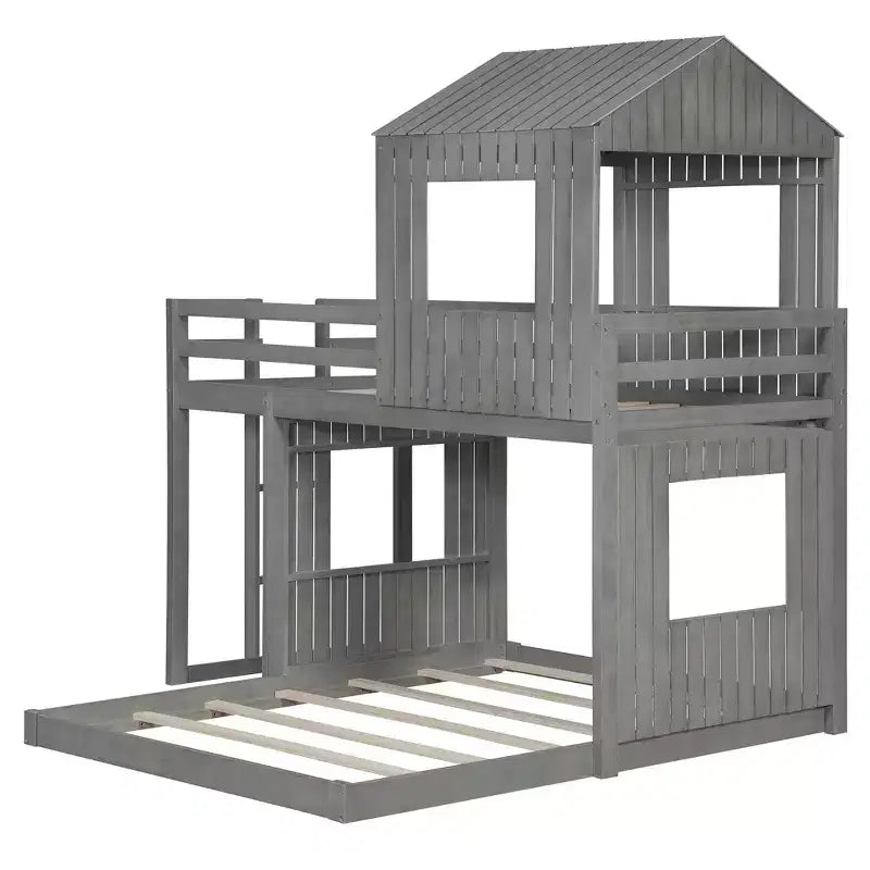 Twin over Full Playhouse Bunk Bed with Roof and Windows