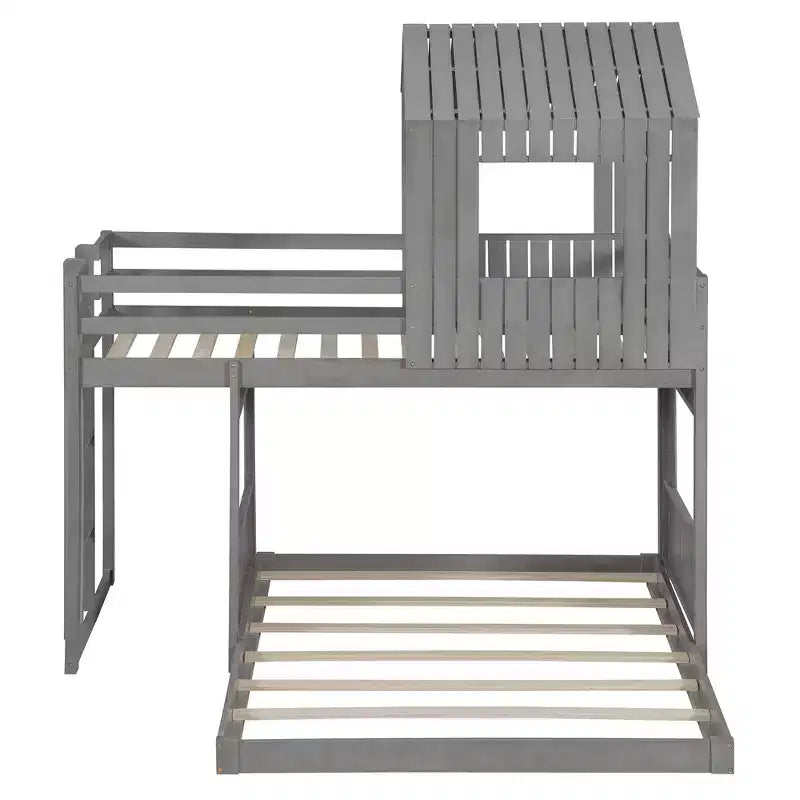 Twin over Full Playhouse Bunk Bed with Roof and Windows