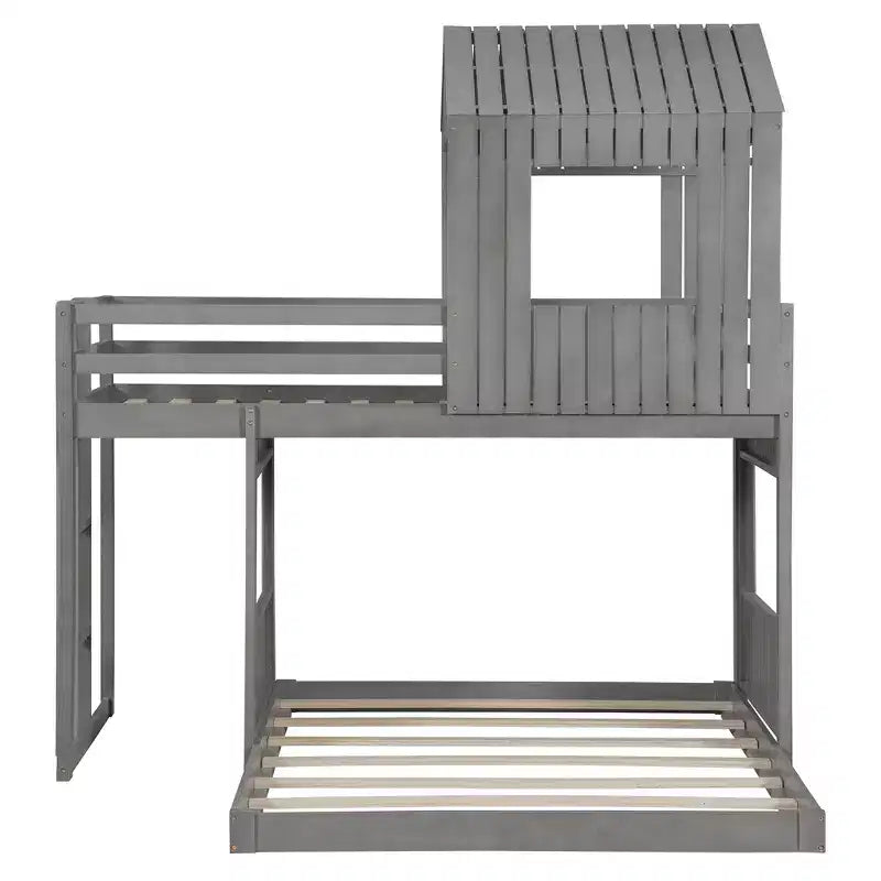 Twin over Full Playhouse Bunk Bed with Roof and Windows