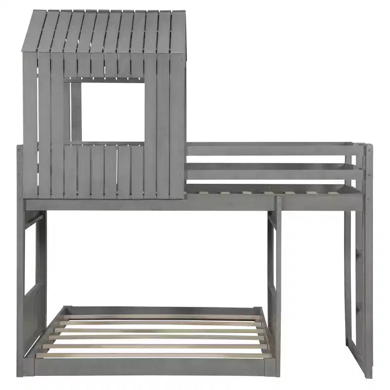 Twin over Full Playhouse Bunk Bed with Roof and Windows