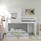 Twin over Full Playhouse Bunk Bed with Roof and Windows