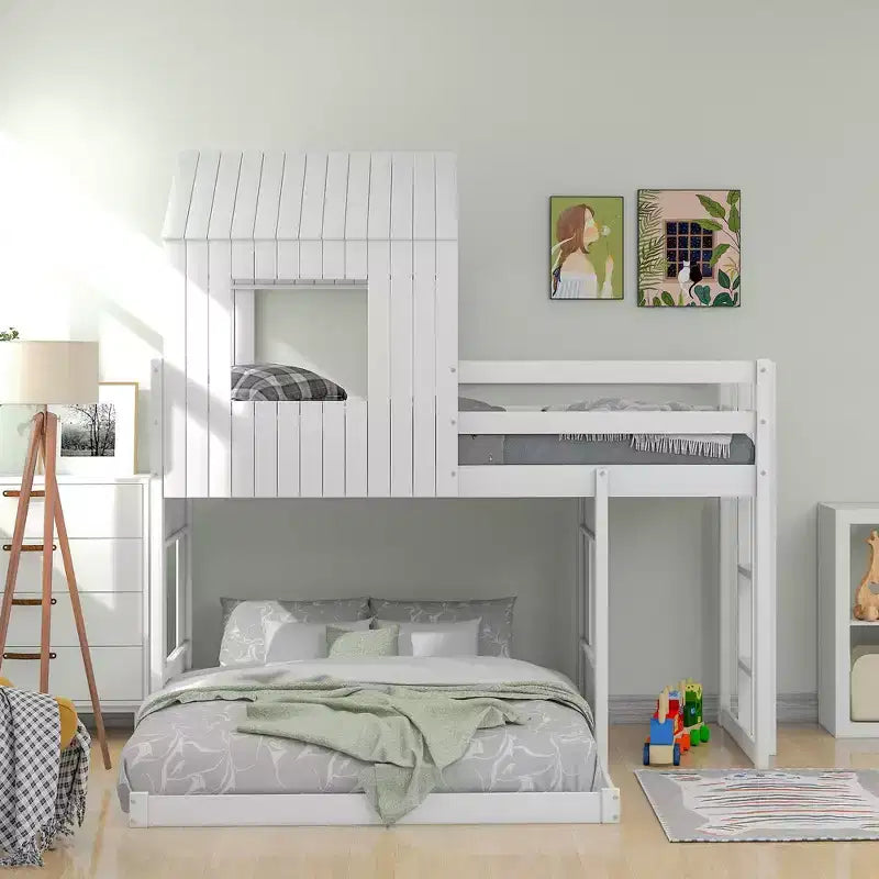 Twin over Full Playhouse Bunk Bed with Roof and Windows