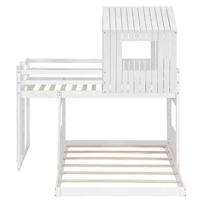 Twin over Full Playhouse Bunk Bed with Roof and Windows