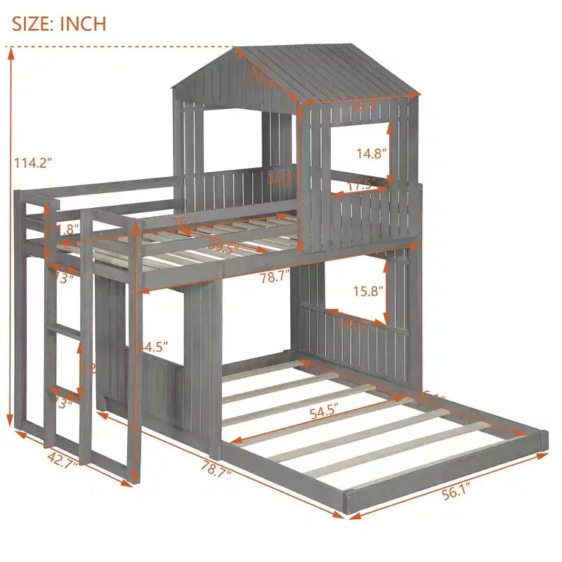 Twin over Full Playhouse Bunk Bed with Roof and Windows