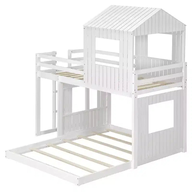 Twin over Full Playhouse Bunk Bed with Roof and Windows