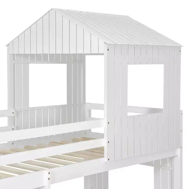 Twin over Full Playhouse Bunk Bed with Roof and Windows