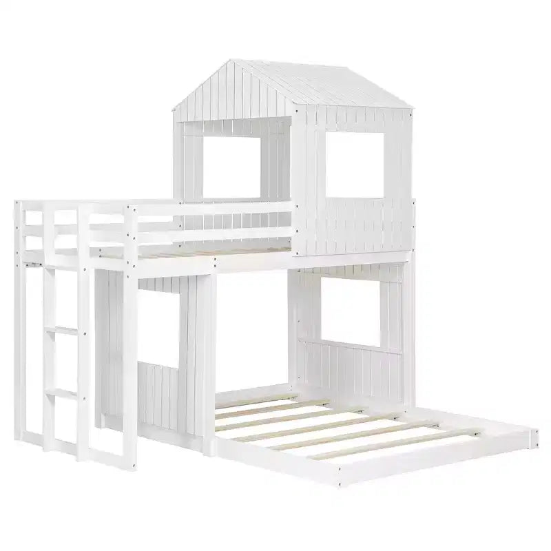 Twin over Full Playhouse Bunk Bed with Roof and Windows