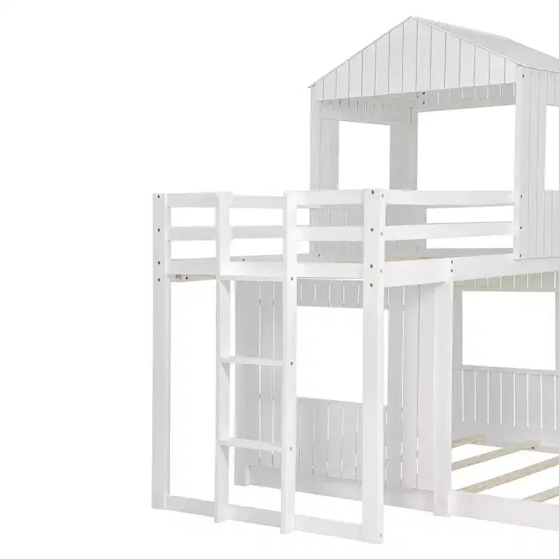 Twin over Full Playhouse Bunk Bed with Roof and Windows