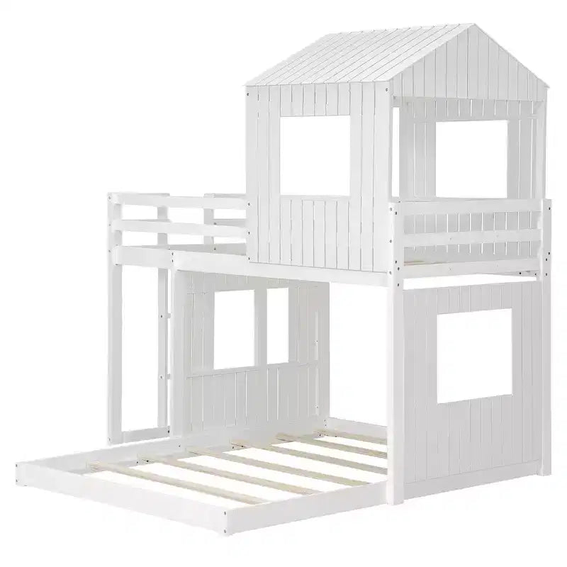 Twin over Full Playhouse Bunk Bed with Roof and Windows