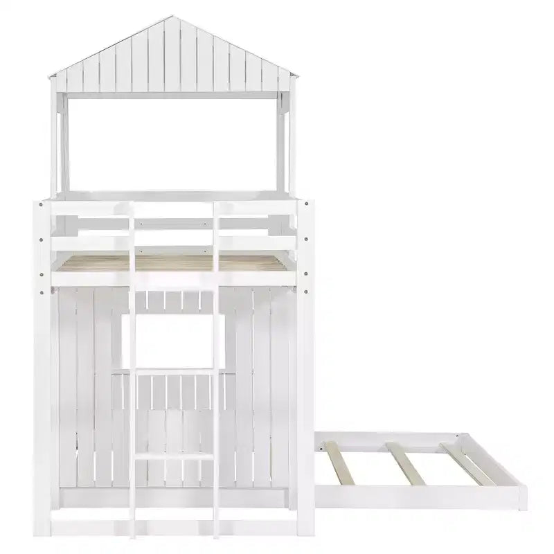 Twin over Full Playhouse Bunk Bed with Roof and Windows