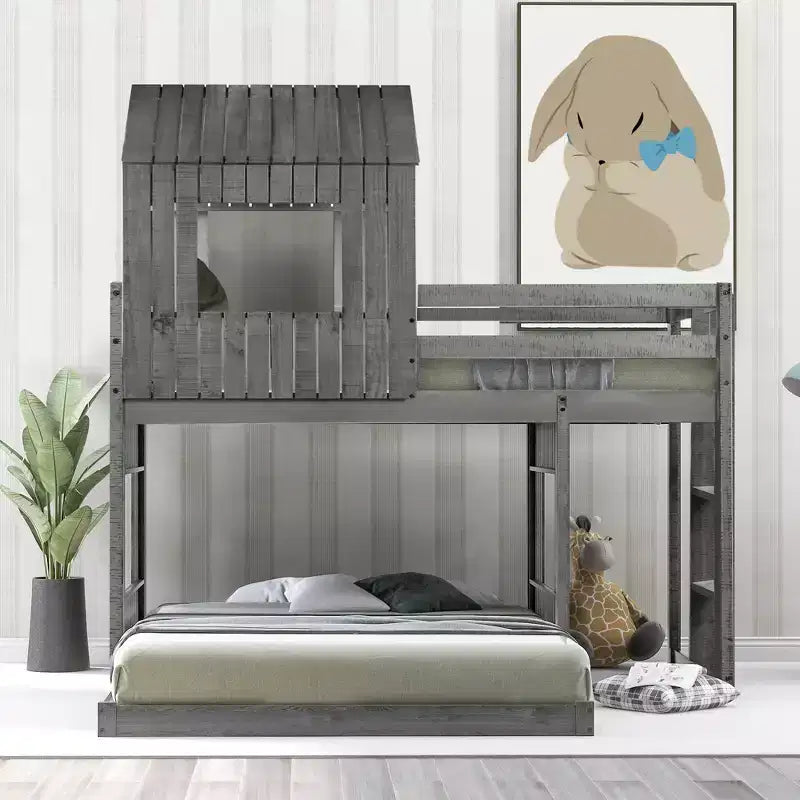 Twin over Full Playhouse Bunk Bed with Roof and Windows