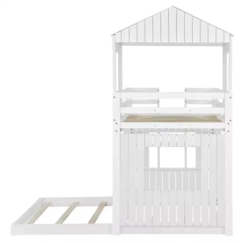 Twin over Full Playhouse Bunk Bed with Roof and Windows
