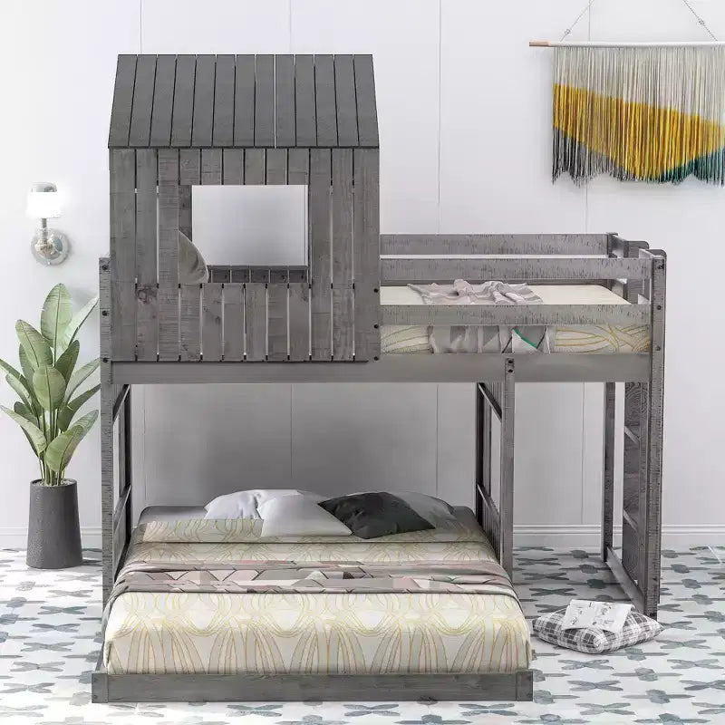 Twin over Full Playhouse Bunk Bed with Roof and Windows