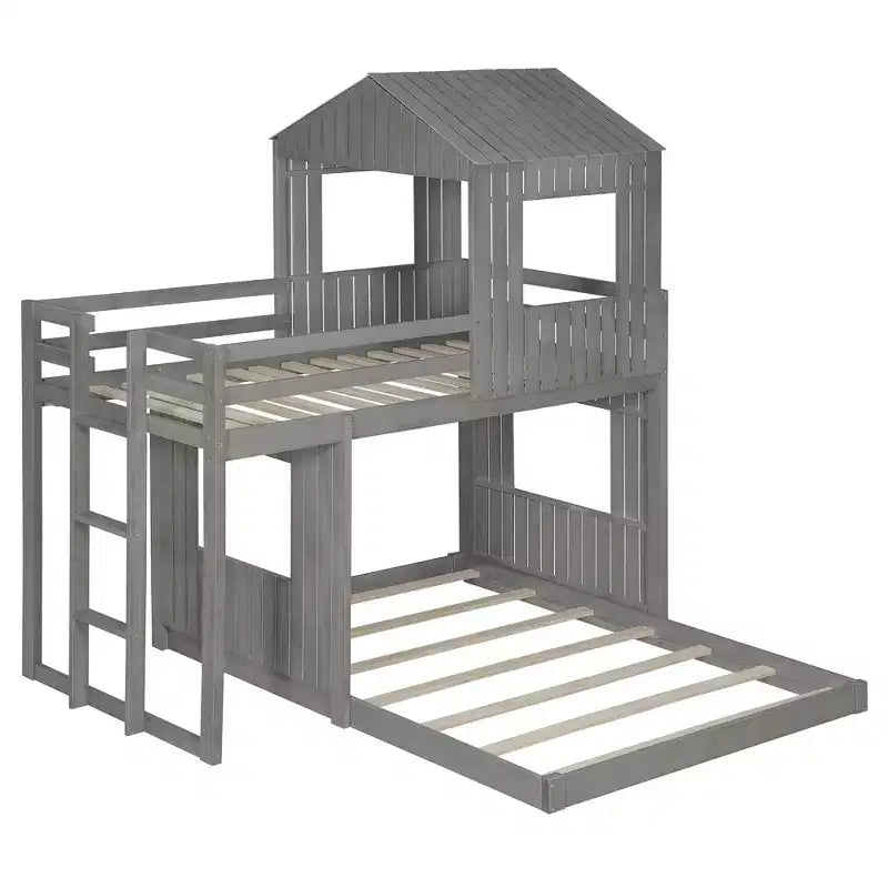 Twin over Full Playhouse Bunk Bed with Roof and Windows