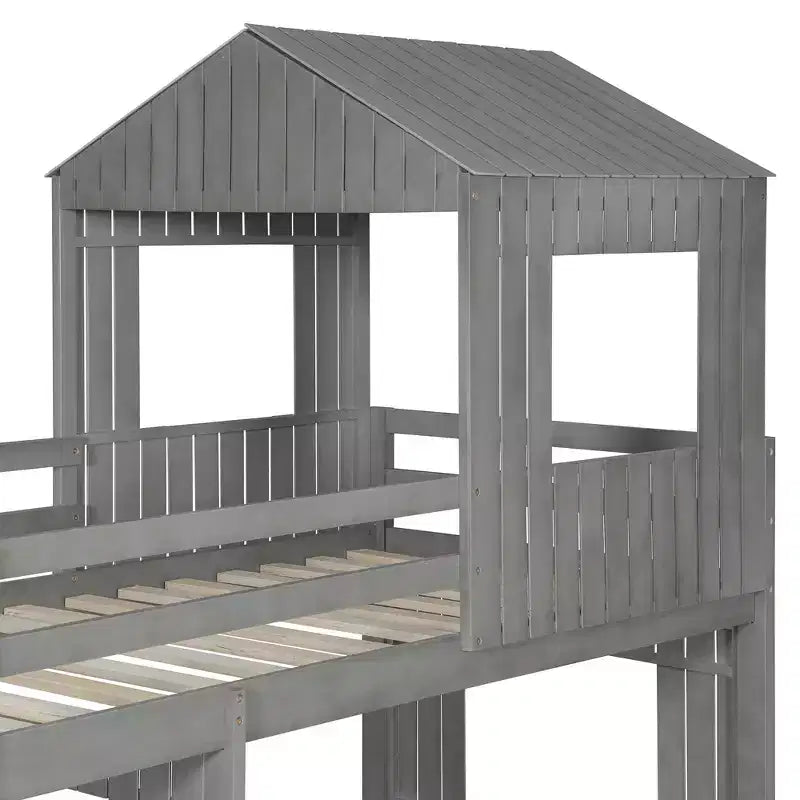Twin over Full Playhouse Bunk Bed with Roof and Windows
