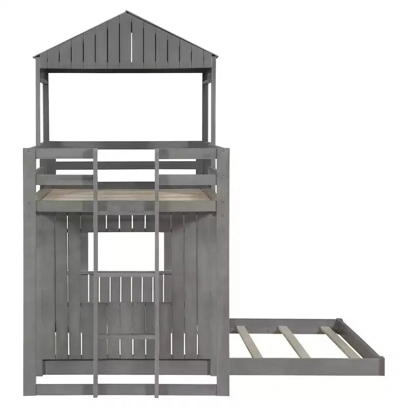 Twin over Full Playhouse Bunk Bed with Roof and Windows