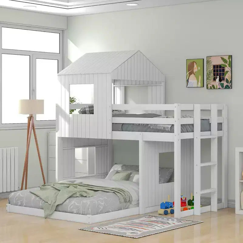 Twin over Full Playhouse Bunk Bed with Roof and Windows