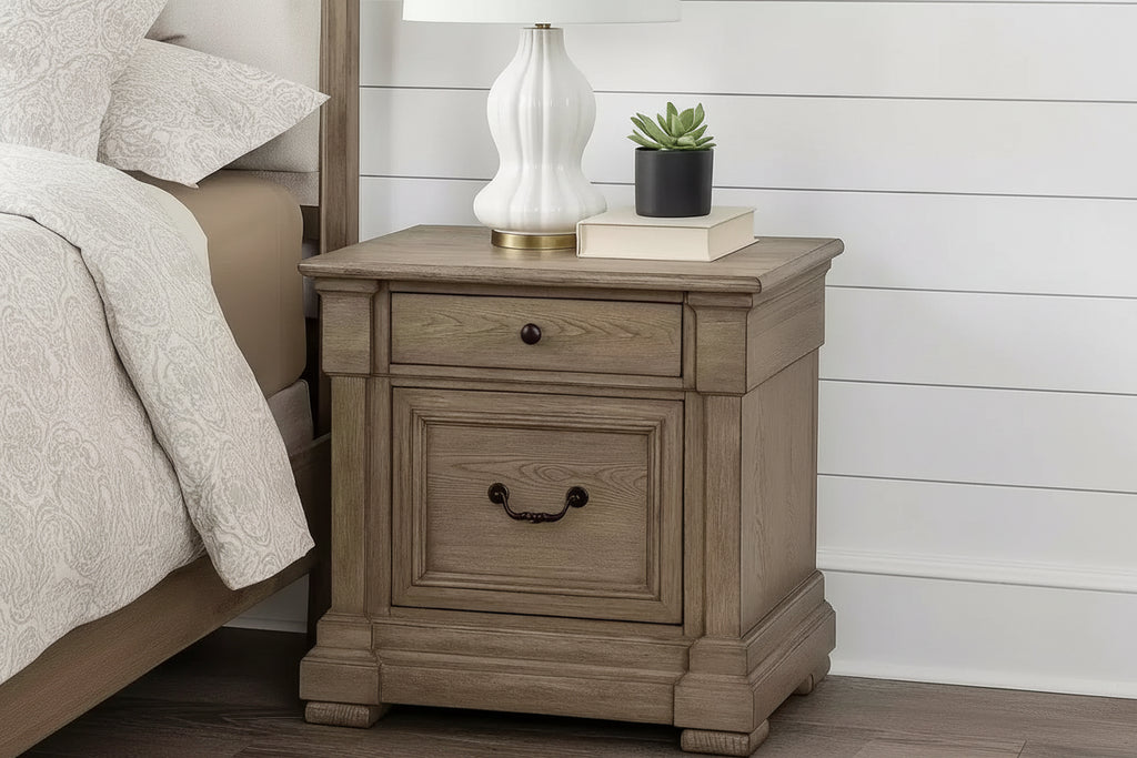 Royal Hampton Nightstand, 2 Drawers, Weathered Gray Solid Wood, 28 Inch
