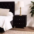 Royal Hampton Nightstand, 2 Drawers with Crystal Knobs, Black Velvet Upholstery