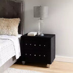 Nightstand with 2 Drawers, Crystal Knobs & Black Velvet Upholstery