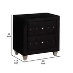 Nightstand with 2 Drawers, Crystal Knobs & Black Velvet Upholstery
