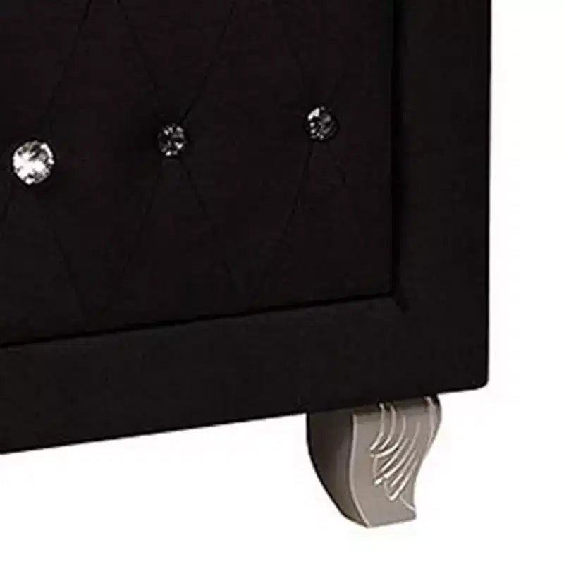 Nightstand with 2 Drawers, Crystal Knobs & Black Velvet Upholstery
