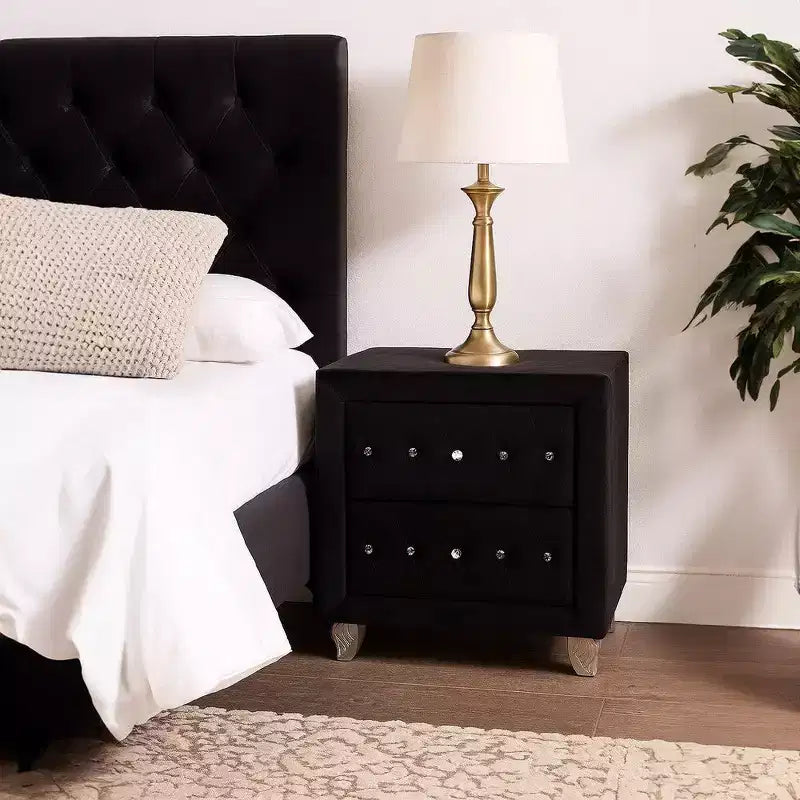 Nightstand with 2 Drawers, Crystal Knobs & Black Velvet Upholstery