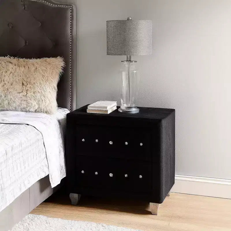 Nightstand with 2 Drawers, Crystal Knobs & Black Velvet Upholstery