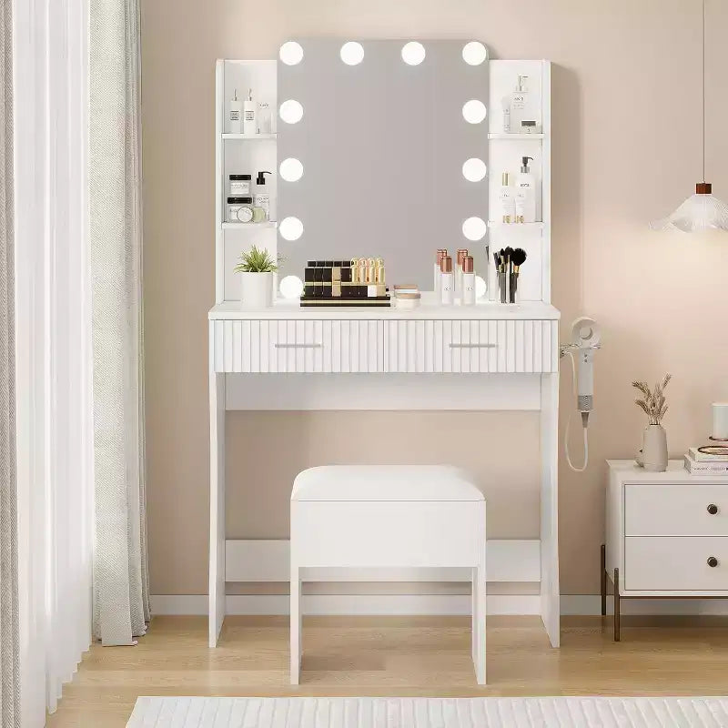 Makeup Vanity Desk with Lighted Mirror, Drawers, and Power Outlet