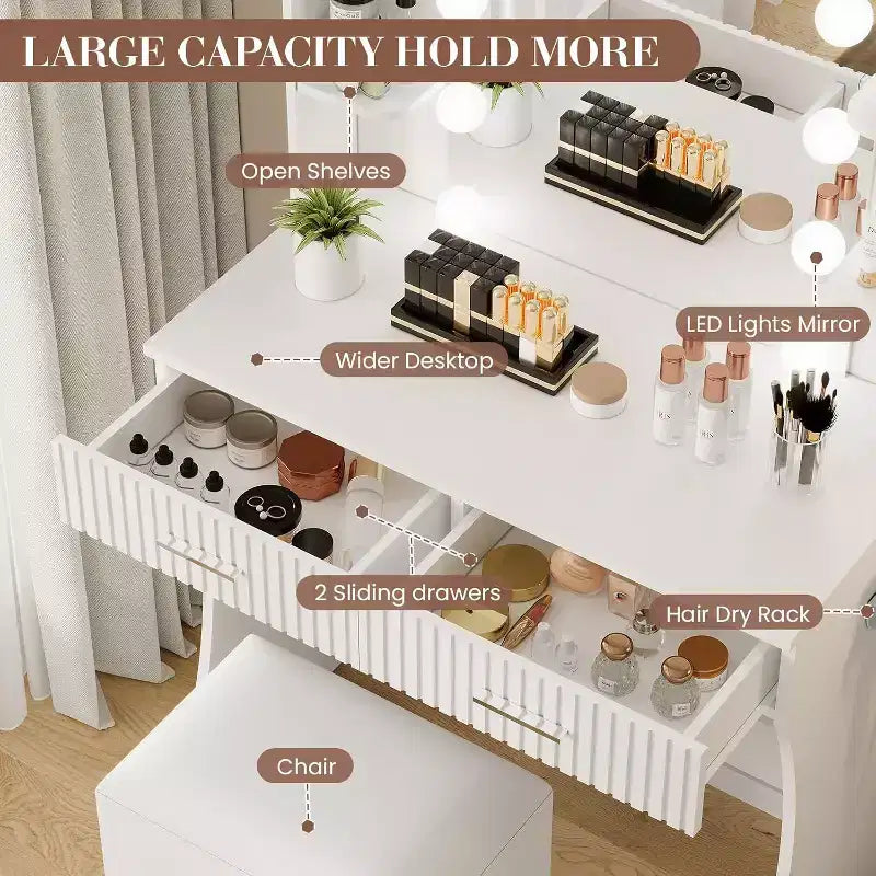 Makeup Vanity Desk with Lighted Mirror, Drawers, and Power Outlet