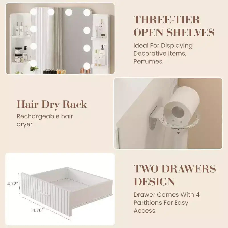 Makeup Vanity Desk with Lighted Mirror, Drawers, and Power Outlet