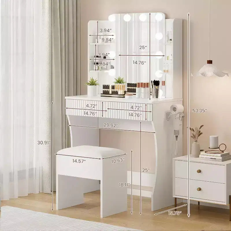 Makeup Vanity Desk with Lighted Mirror, Drawers, and Power Outlet