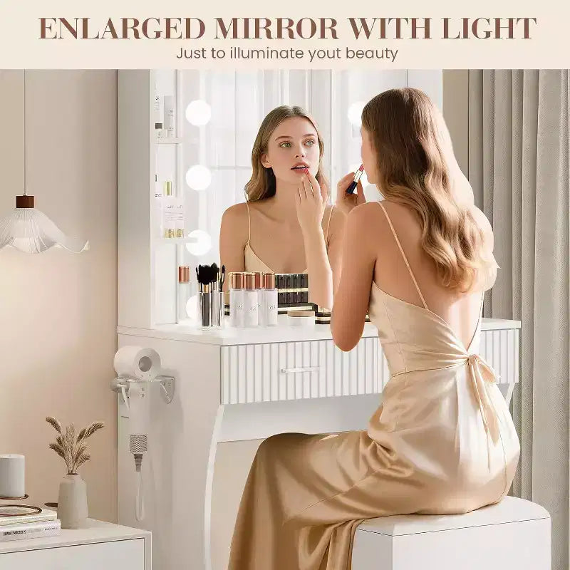 Makeup Vanity Desk with Lighted Mirror, Drawers, and Power Outlet
