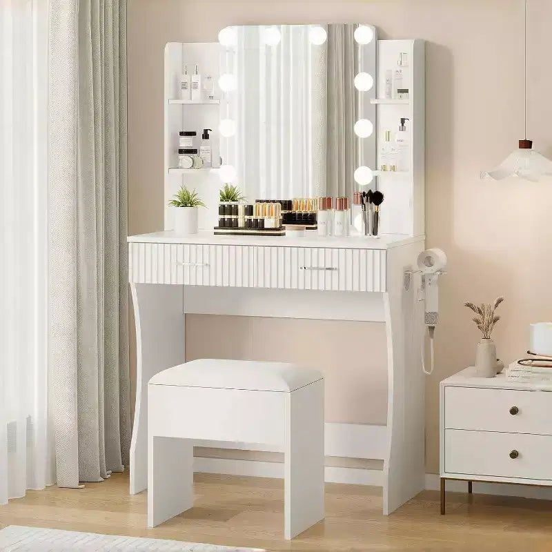 Makeup Vanity Desk with Lighted Mirror, Drawers, and Power Outlet