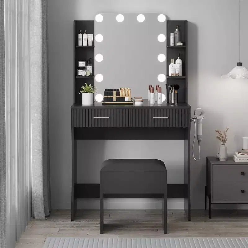 Makeup Vanity Desk with Lighted Mirror, Drawers, and Power Outlet
