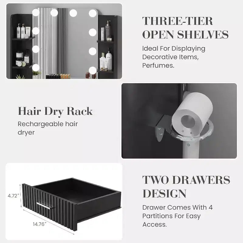 Makeup Vanity Desk with Lighted Mirror, Drawers, and Power Outlet