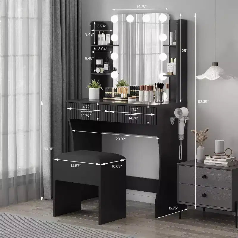 Makeup Vanity Desk with Lighted Mirror, Drawers, and Power Outlet