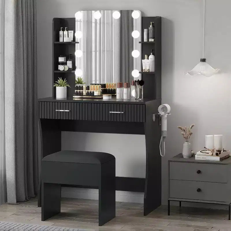 Makeup Vanity Desk with Lighted Mirror, Drawers, and Power Outlet