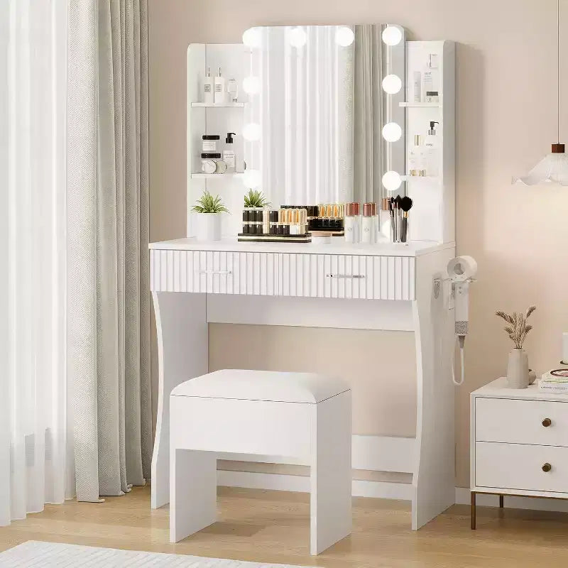 Makeup Vanity Desk with Lighted Mirror, Drawers, and Power Outlet