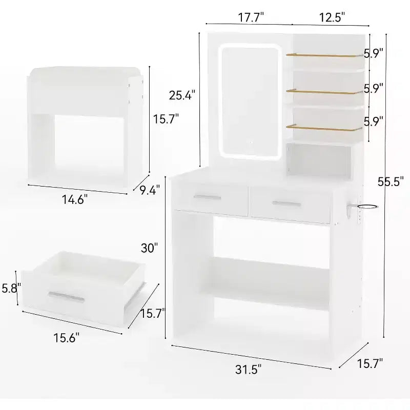 Vanity Desk Set with LED Mirror, Drawers, Shelves, Cabinet, and Cushioned Stool