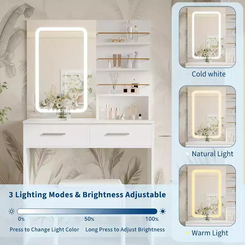 Vanity Desk Set with LED Mirror, Drawers, Shelves, Cabinet, and Cushioned Stool