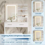 Vanity Desk Set with LED Mirror, Drawers, Shelves, Cabinet, and Cushioned Stool