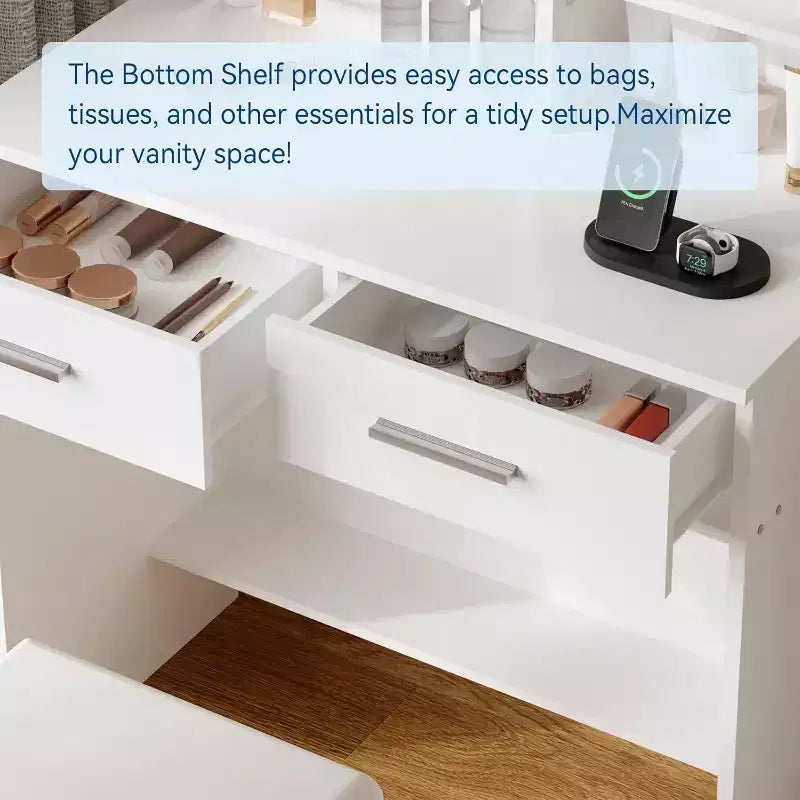 Vanity Desk Set with LED Mirror, Drawers, Shelves, Cabinet, and Cushioned Stool